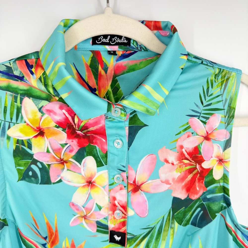 Bad Birdie Sleeveless Golf Polo Women Medium Turquoise Tropical Floral Hawaiian - Picture 4 of 6